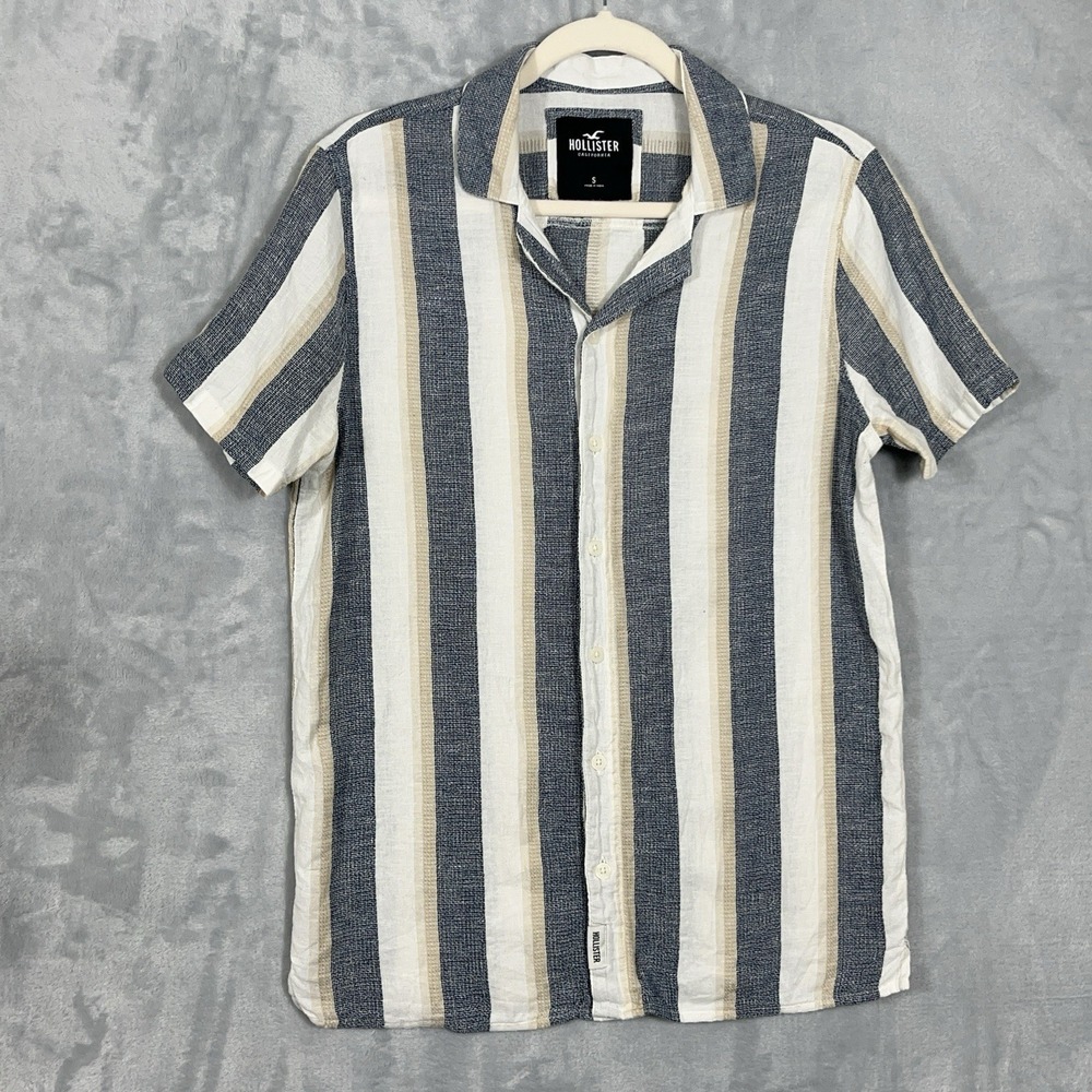 Hollister Mens Shirt S Button Up White Striped Linen Blend Short Sleeve Resort - Picture 2 of 9